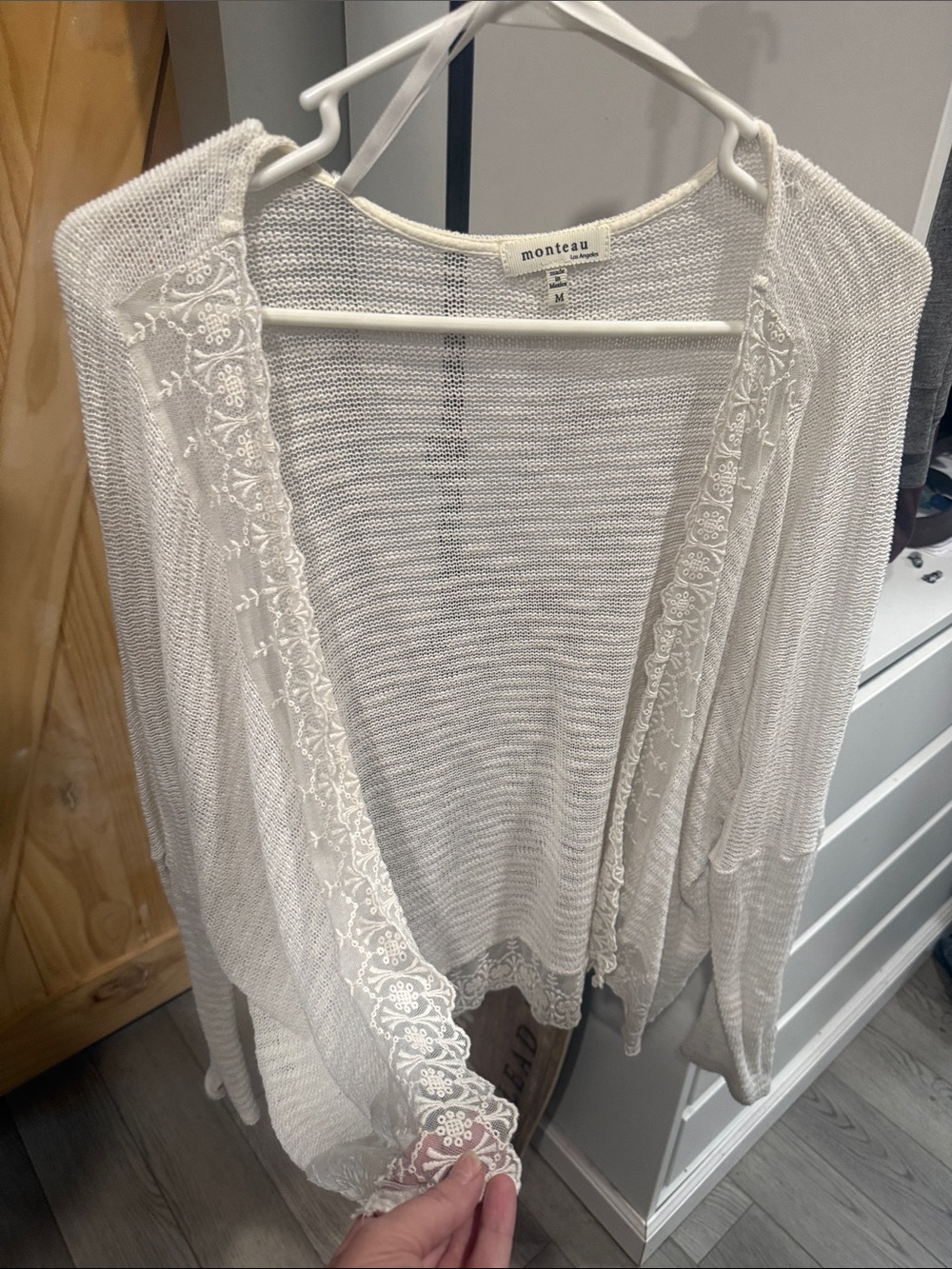 Monteau Ivory Open-Front Lace-Trim Knit Cardigan